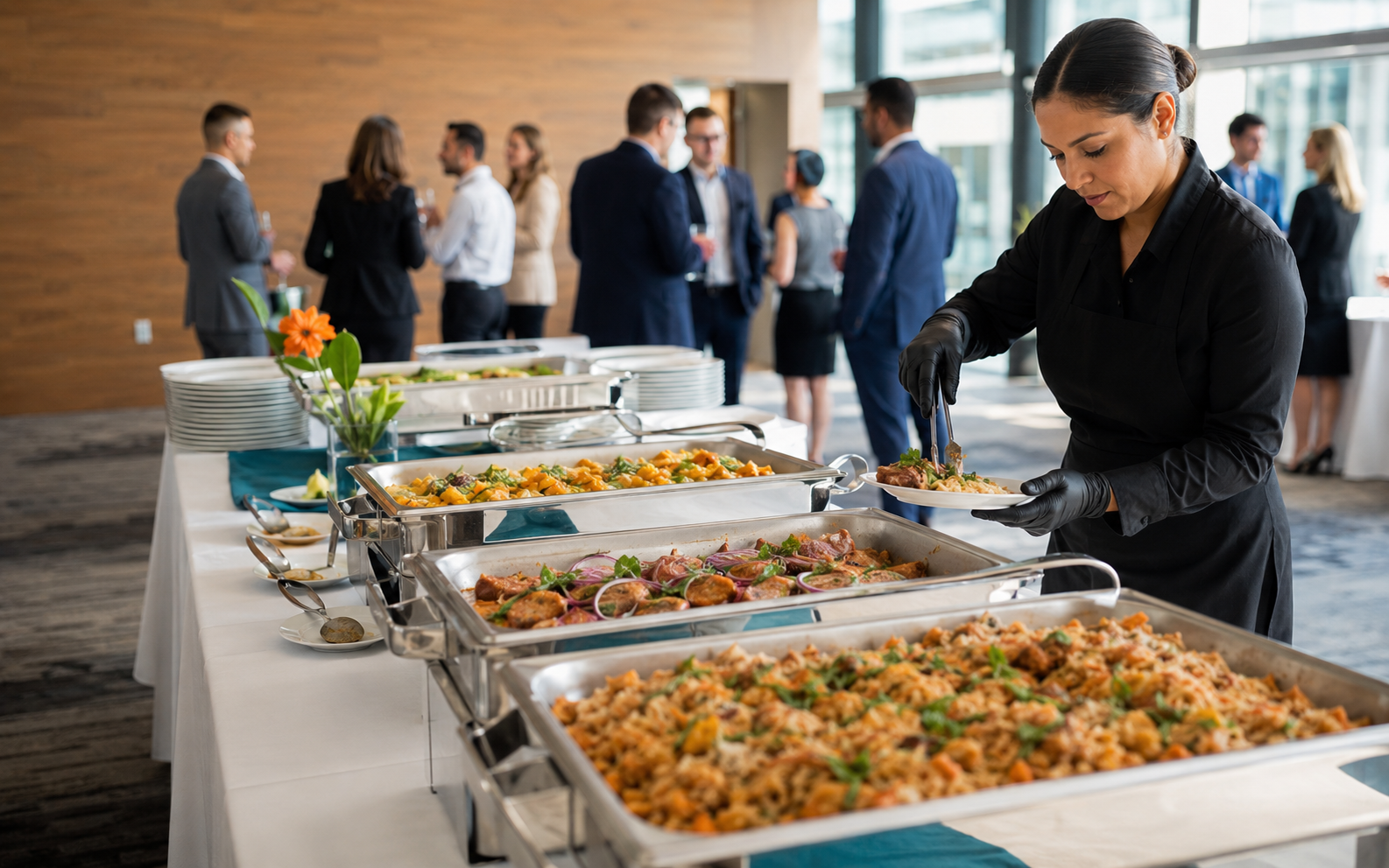 Servicio profesional de catering en un evento corporativo